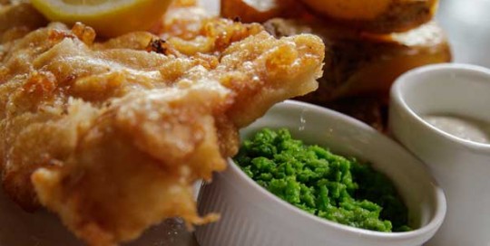 Beer battered fish and chips at The Black Boy Oving